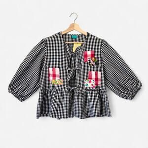 $228 NEW Handmade Upcycled OOAK Patchwork Gingham Top Picniccore- Size Medium